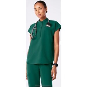 FIGS Scrub Top Blue Green Short‎ Sleeve Mock Neck Medical Uniform Professional